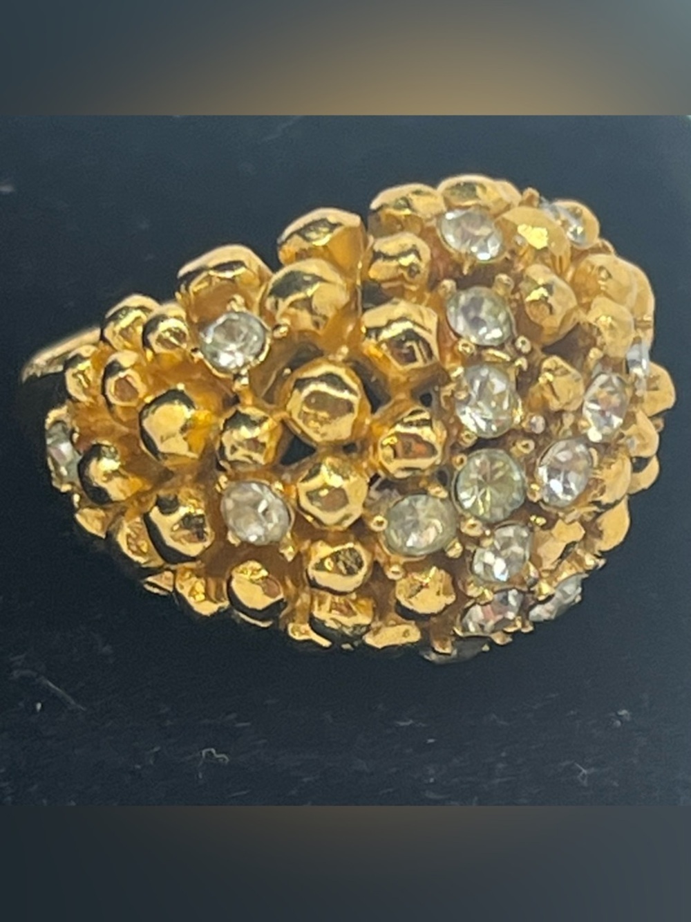 Crown Trifari vintage ring. Gold  tone rhinestone dome cluster